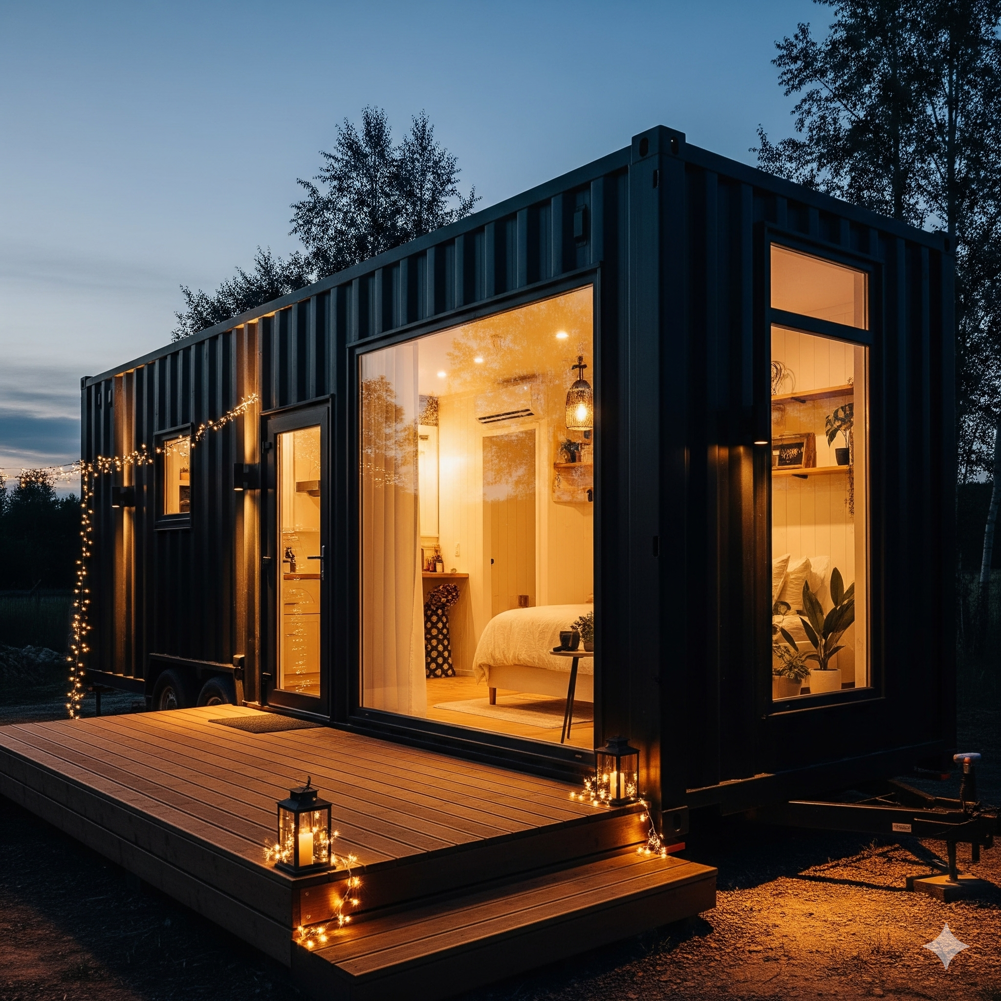 A beautiful, modern black shipping container tiny house with large windows at dusk.